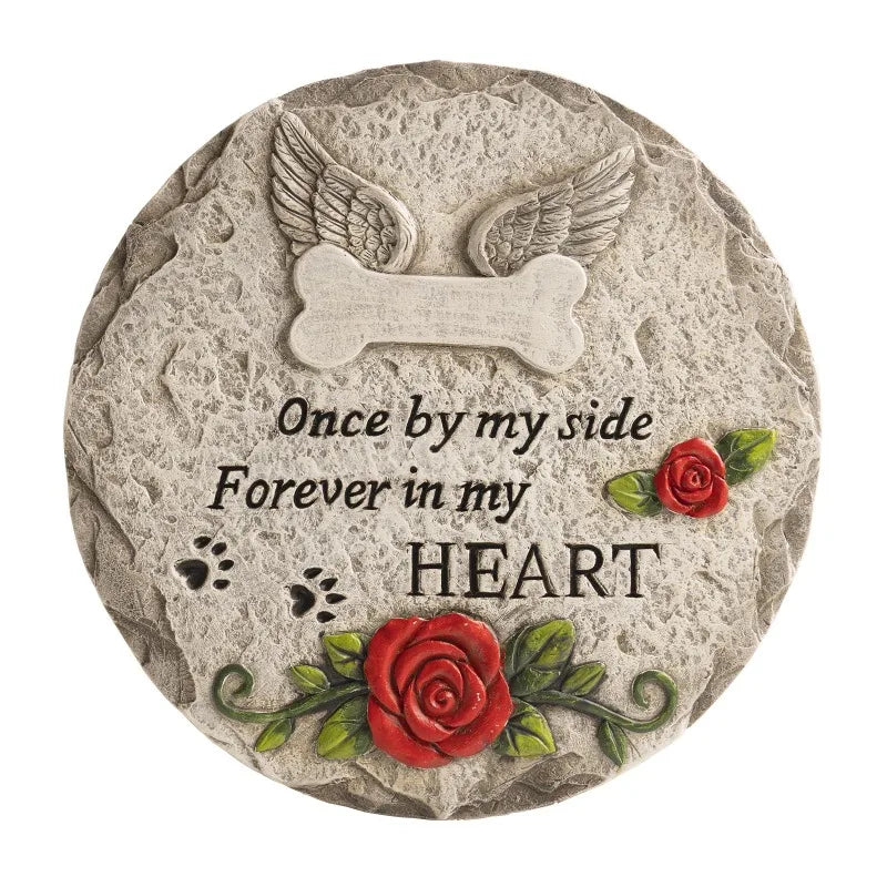Pet Memorial Stone for Dogs & Cats – Sympathy Gift for Pet Loss, Grave Marker with Paw Prints & Roses, Outdoor Garden Remembrance Decor