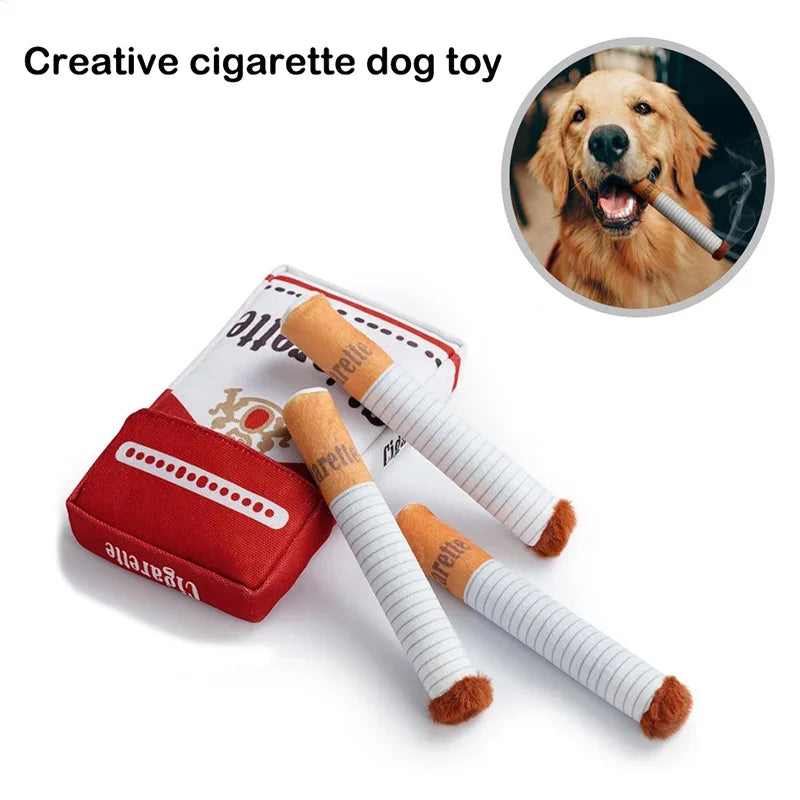 Funny Cigarette Dog Toy Set – Plush Squeaky Chew Toys with Hide & Seek Box for Small & Medium Dogs