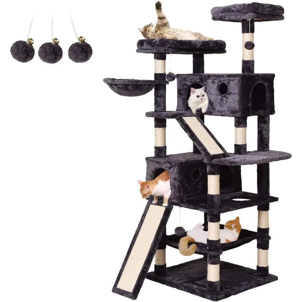 Cat Tree Tower 70.1" – Multi-Level Cat Scratching Post with Condos, Ladders, Basket, Hammock & Plush Perches for Indoor Cats